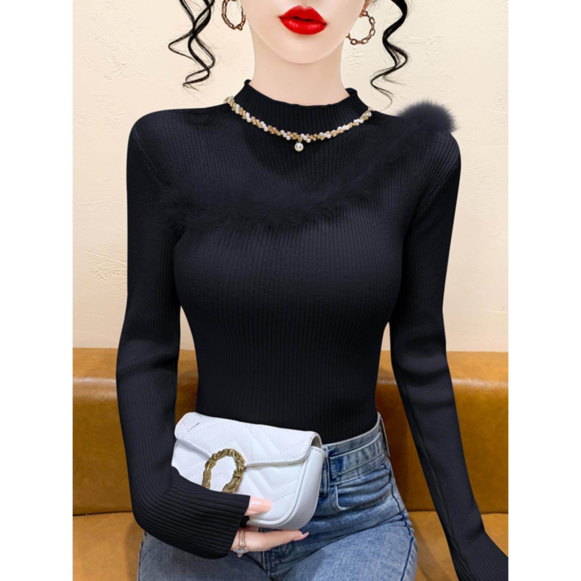 半高领针织打底衫女秋冬设计感毛毛拼接钉珠上衣长袖修身内搭毛衣