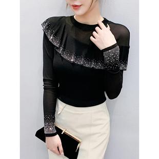 t恤小衫 网纱打底衫 女秋冬欧货设计感烫钻荷叶边上衣洋气内搭长袖