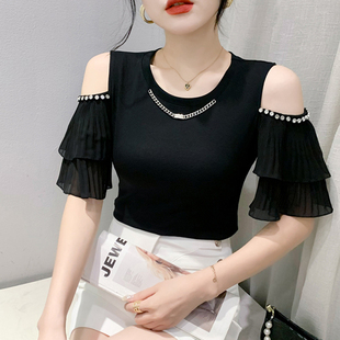 小衫 欧货荷叶边上衣女短袖 洋气钉珠修身 2024夏季 性感露肩T恤 新款