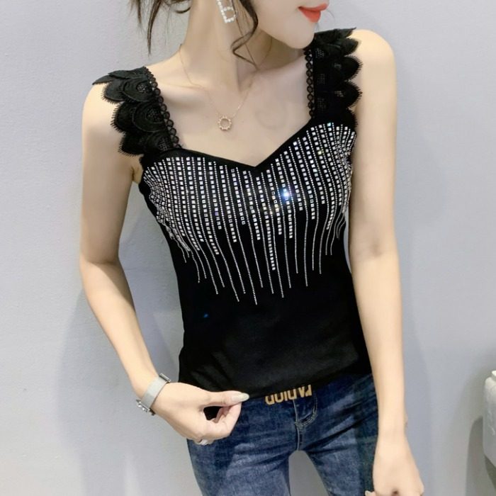 吊带女性感内搭外穿夏季时尚烫钻美背修身打底上衣设计感方领背心,女装/女士精品,T恤,淘宝优惠券,粉丝福利购,淘宝优惠卷