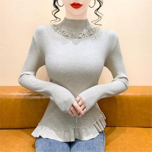 不规则珍珠半高领针织打底衫 独特漂亮内搭上衣毛衣 女秋冬2025新款