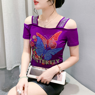 T恤半袖 性感一字领锁骨短袖 体恤 新款 洋气减龄镶钻上衣女2024夏季