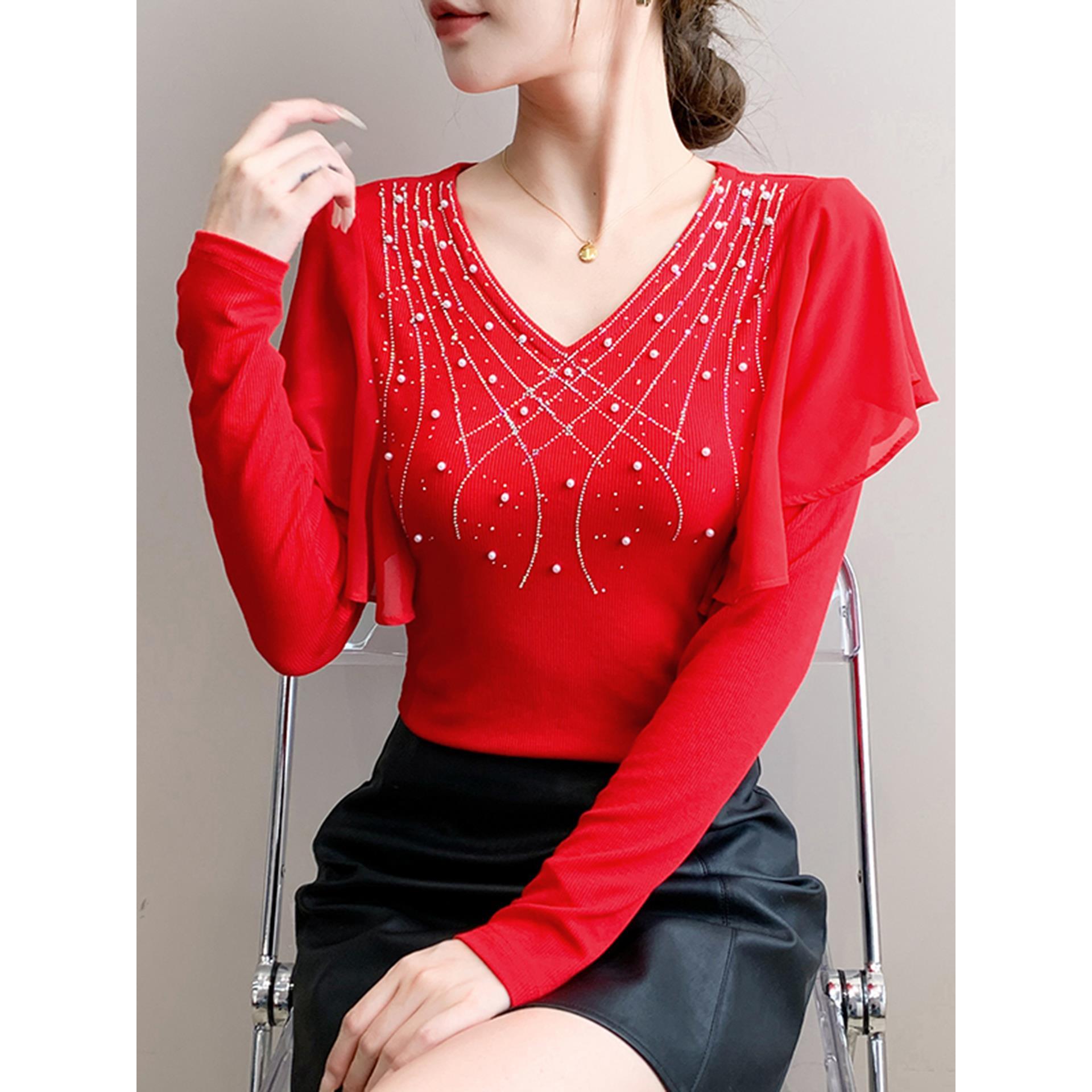 气质V领烫钻T恤女长袖欧货设计感荷叶边上衣修身显瘦打底衫女秋冬