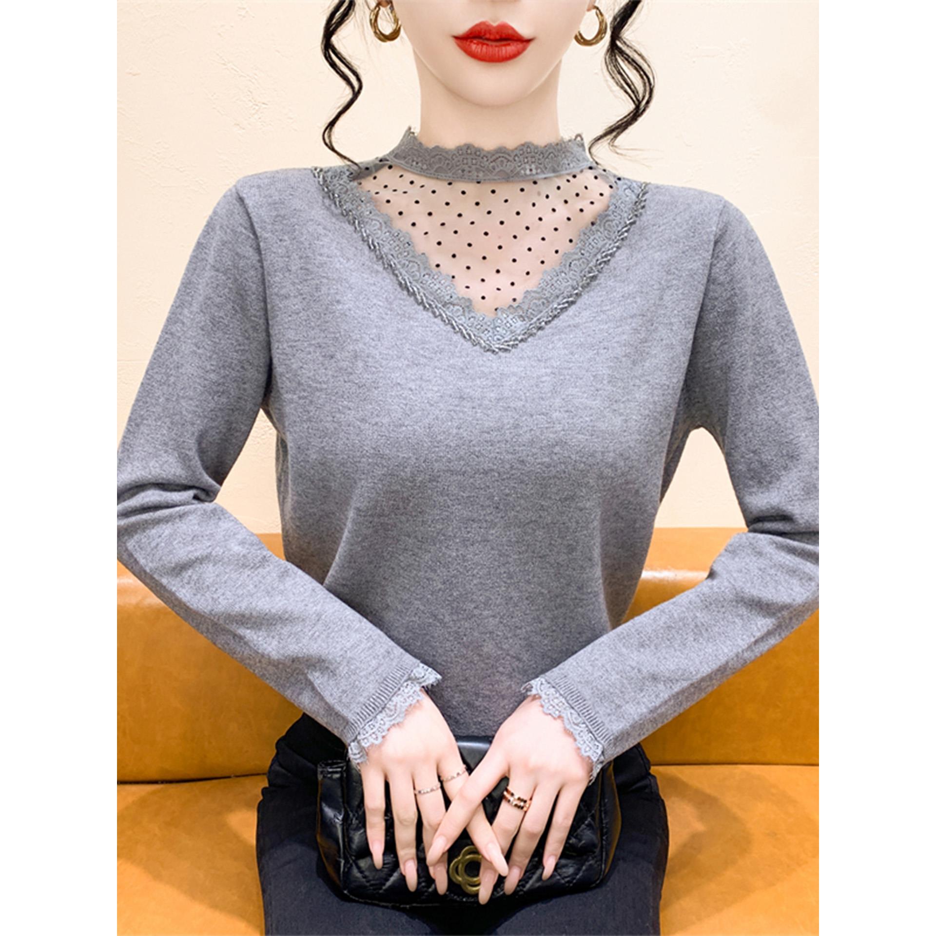 法式网纱钉钻半高领针织打底衫女秋冬季2025新款绝美显瘦内搭上衣