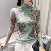 碎花印花长袖 网纱高领打底小衫 女加绒秋冬2024紧身上衣时尚 t恤潮