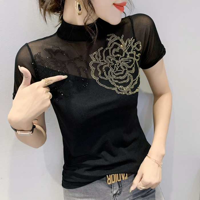 女装2024新款潮时尚烫钻T恤女短袖夏季透视网纱上衣洋气显瘦小衫