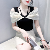 T恤女2024夏装 新款 设计感拼色钉珠上衣修身 性感露肩短袖 半袖 体恤