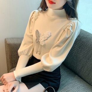 设计感钉珠半高领针织衫女秋冬新款灯笼袖套头毛衣女士打底衫上衣