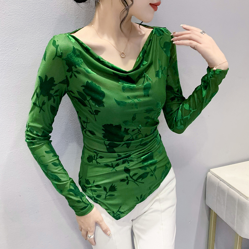 长袖通勤不对称印花拼接网纱