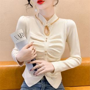 褶皱修身 女秋冬高级感法式 内搭毛衣 立领盘扣钉钻针织打底衫 新中式