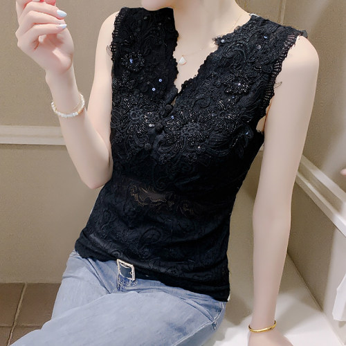 夏装重工刺绣钉珠修身吊带美背无袖上衣女洋气性感蕾丝内搭背心潮