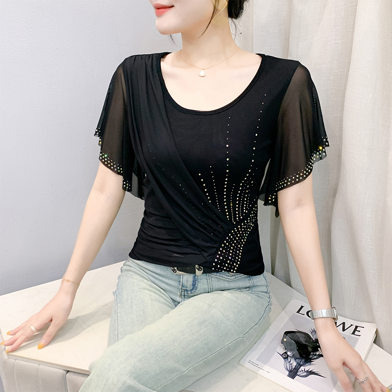 设计感闪钻T恤女短袖夏欧货洋气锁骨荷叶边上衣紧身网纱半袖小衫