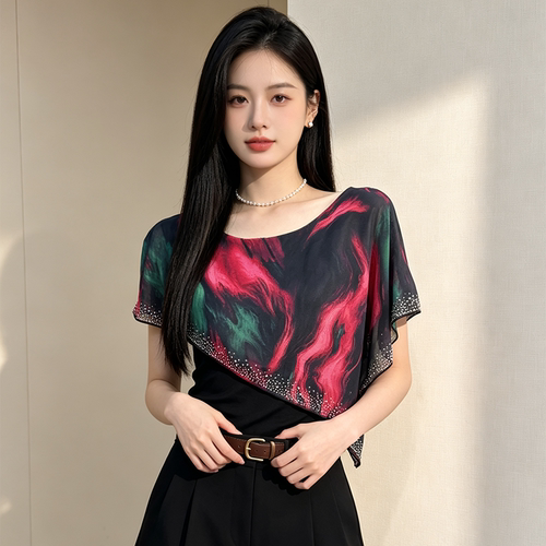 2026年夏季新款女装时尚镶钻披肩假两件无袖上衣印花显瘦洋气小衫
