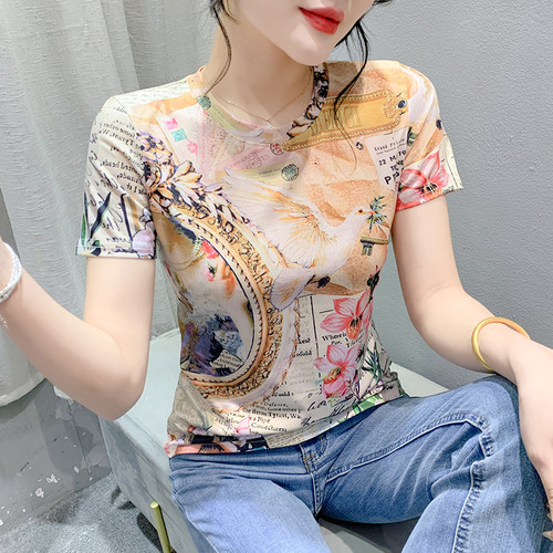 正肩印花短袖t恤女夏装新款修身漂亮小衫独特别致半袖体恤上衣潮