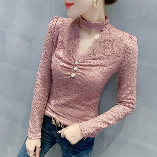 半高领加绒加厚打底衫 内搭洋气上衣潮 女秋冬性感镂空蕾丝T恤长袖