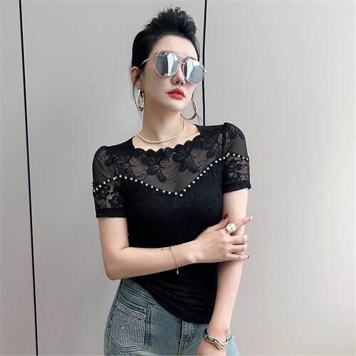 性感镂空蕾丝衫女短袖夏装欧货时尚钉珠上衣洋气修身显瘦半袖小衫