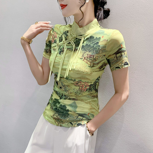 时尚印花网纱T恤女短袖夏