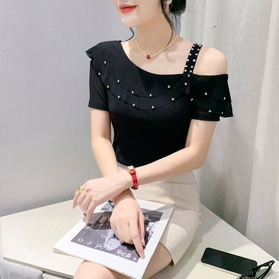 设计感荷叶边露肩斜领夏装T恤女网纱镶钻短袖修身百搭上衣小衫潮