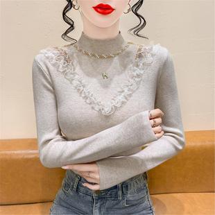 半高领蕾丝拼接针织打底衫 钉珠上衣 女秋冬独特超好看毛衣内搭长袖