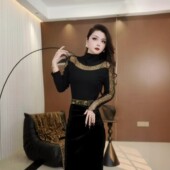 镂空洋气2025年新款 长袖 女t恤半高领上衣加厚打底衫 保暖秋冬薄绒