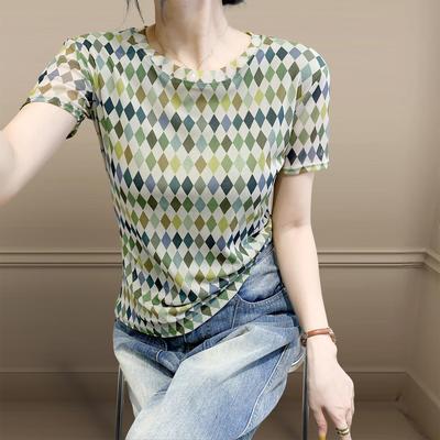 女装2025新款潮欧货印花T恤女短袖弹力网纱上衣修身显瘦洋气小衫