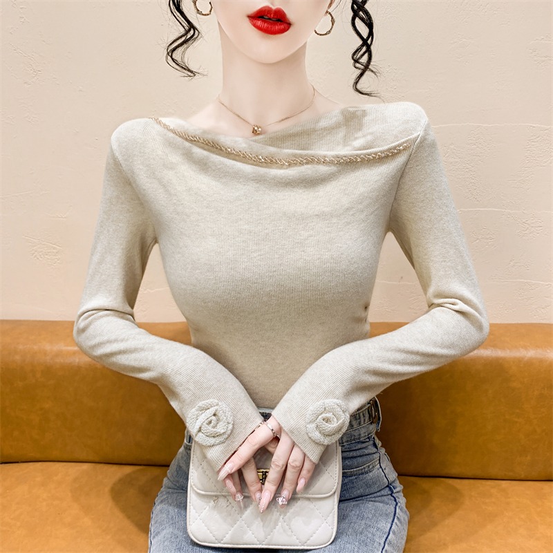 设计感荡领钉珠花朵长袖针织衫女秋冬气质显瘦打底衫修身内搭上衣