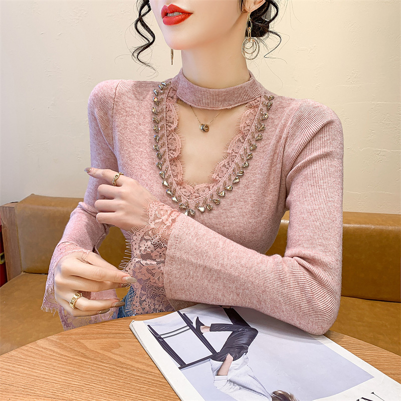 秋冬新款喇叭长袖蕾丝钉钻挂脖毛衣女洋气打底衫V领针织衫上衣潮