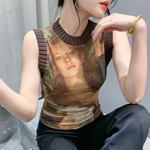2024夏季新款复古扎染印花拼接无袖网纱上衣女修身时尚吊带背心潮