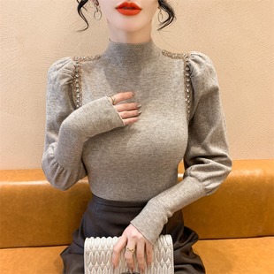 秋冬复古针织衫 女2024年新款 内搭上衣 钉钻毛衣打底衫 半高领灯笼袖