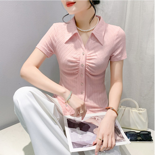 时尚气质女士Polo领纽扣褶皱上衣夏季修身显瘦减龄百搭短袖T恤女