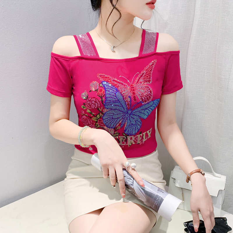时尚女人味小衫女夏装新款性感露肩烫钻短袖T恤修身百搭半袖体恤
