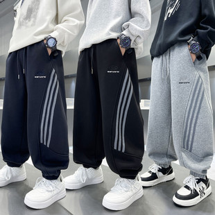 2025新款男童冬款加绒斜杠休闲卫裤