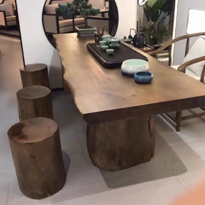 原木办公会议桌实木整板泡茶台侘寂风大板桌餐桌长条工作台洽谈桌