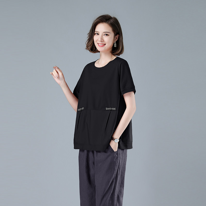 时尚宽松短袖T恤女夏季新款圆领拼色上衣显瘦百搭休闲女装482,女装T恤,秋牧寒烟