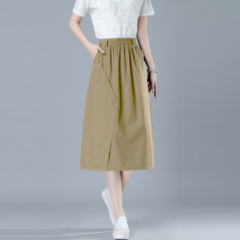 中年妈妈时尚纯棉a字半身裙女夏季2025新款宽松休闲中长包臀裙子,女装半身裙,秋牧寒烟