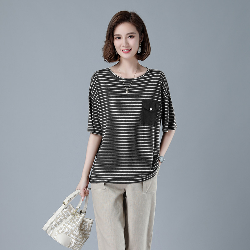 时尚宽松条纹短袖T恤女夏季新款韩版百搭显瘦上衣休闲女装436,女装T恤,秋牧寒烟