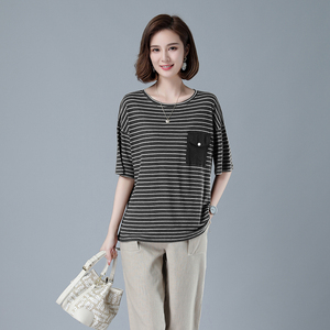 时尚宽松条纹短袖T恤女夏季新款韩版百搭显瘦上衣休闲女装436,短发搭配新款女装图片欣赏图片