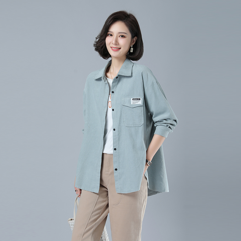 2021春款新款灯蕊绒衬衣411款口袋长袖衬衣宽松纯色休闲，女装衬衫，秋牧寒烟