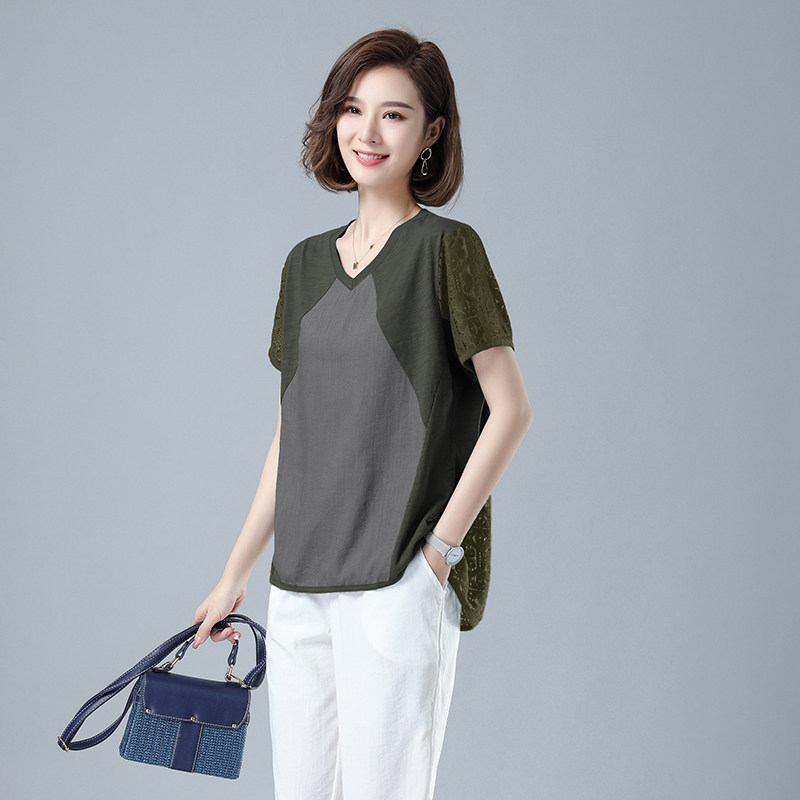 时尚宽松蕾丝拼接短袖T恤女夏季新款显瘦百搭上衣气质简约女装,女装T恤,秋牧寒烟