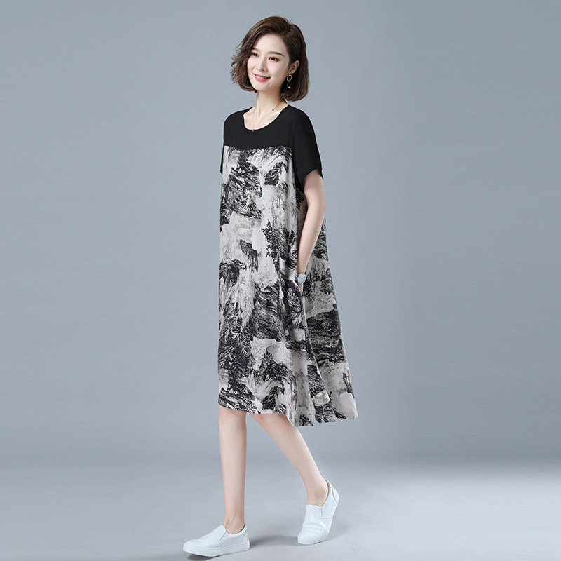 新款时尚宽松显瘦印花连衣裙舒适百搭短袖长裙，女装连衣裙，秋牧寒烟