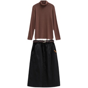时尚高领毛衣搭配黑色半身裙 优雅显瘦女装套装图片