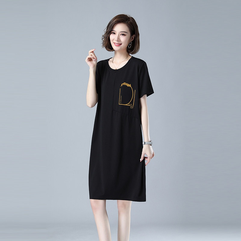 时尚宽松短袖连衣裙黑色显瘦百搭休闲裙舒适透气夏季新款女装,女装连衣裙,秋牧寒烟