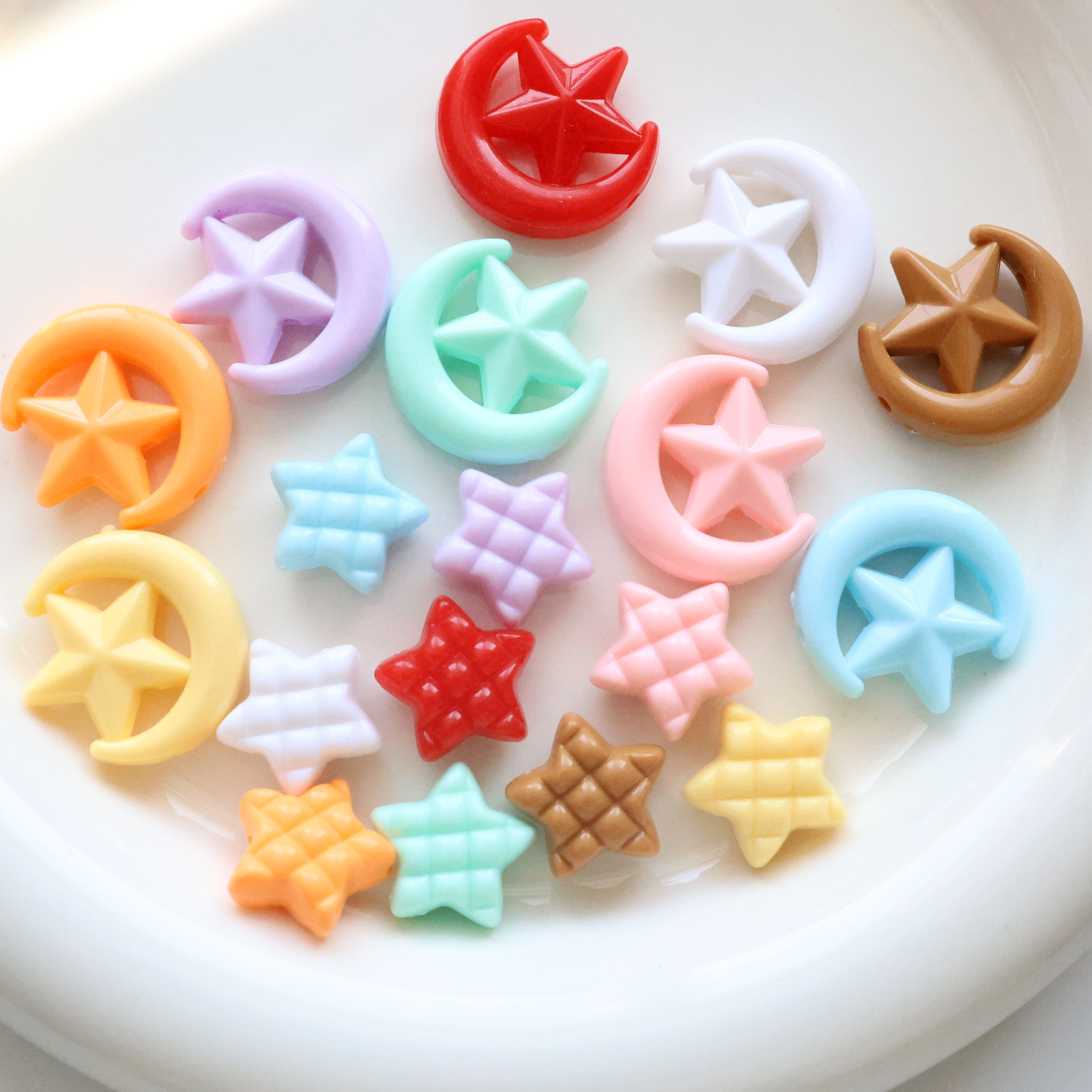 10色奶油星星月亮华夫格五角星直孔 DIY串珠手机链条包挂材料配饰