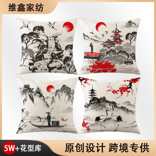 ink linen pillowcase landscape painting Chinese New style