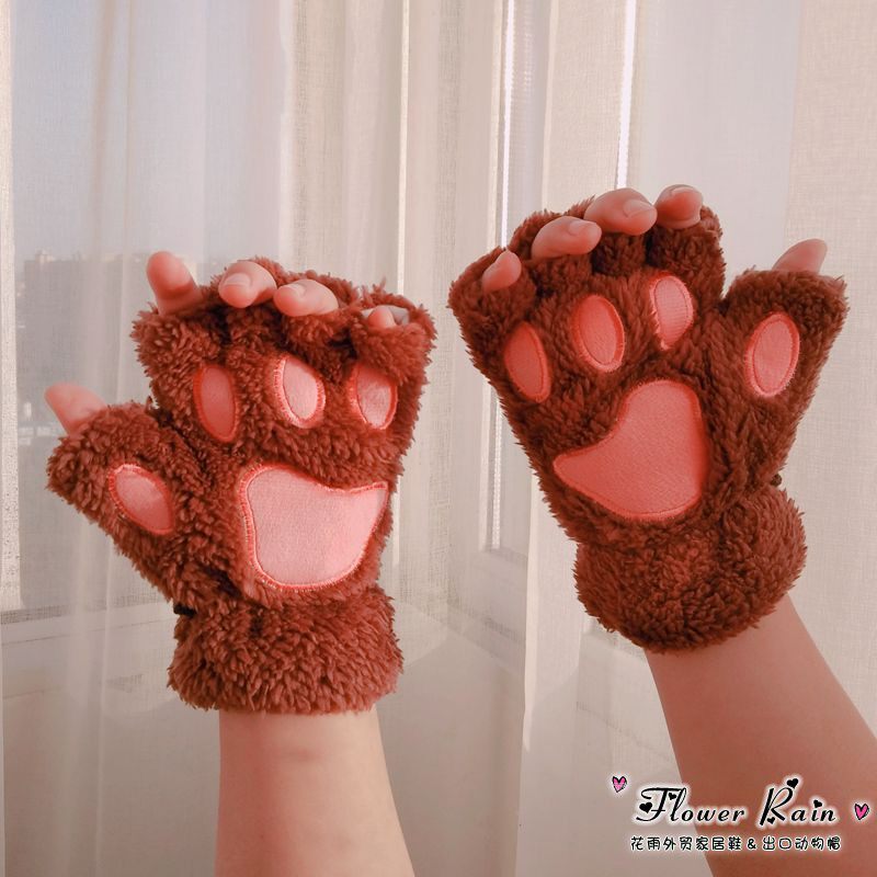 韩版半指卡通手套女冬季可爱韩版学生猫爪情侣加厚毛绒日系保暖秋
