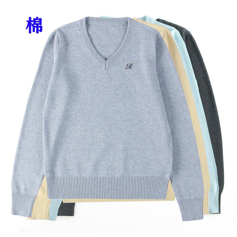 JK制服V领刺绣长袖针织衫纯棉