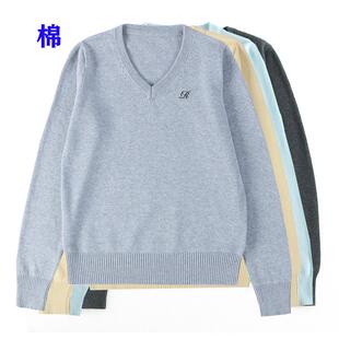 纯棉薄毛衣女V领针织打底衫 JK制服宽松 不起球全棉鸡心领刺绣秋季