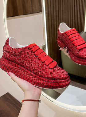 内增高女运动鞋爆款新款红色满钻结婚鞋厚底新娘休闲鞋坡跟松糕鞋