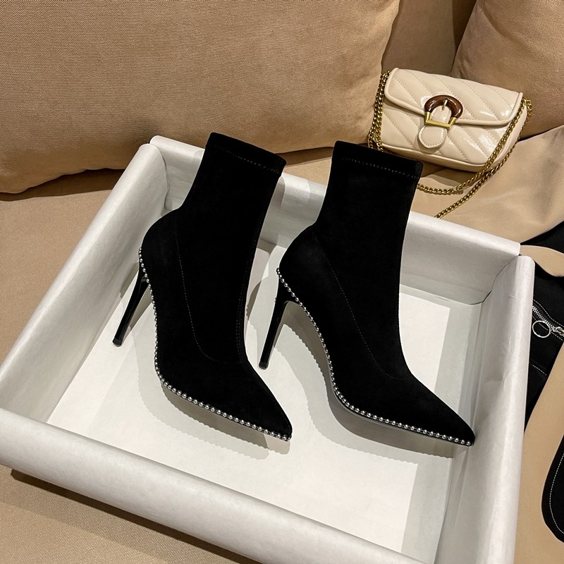 EUROPE AND THE UNITED STATES 2024 AUTUMN NEW BEADED POINTED HEEL HEEL BOOTS WOMENS THIN HEEL VERSATILE SLIM STRETCH BOOTS SKINNY BOOTS
