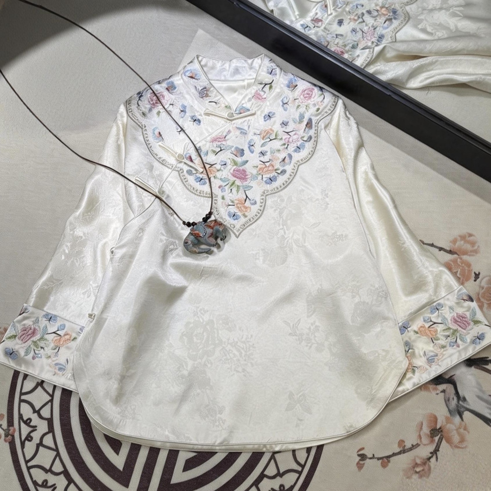 国风醋酸刺绣斜襟打底衫上衣复古新中式改良唐装旗袍茶服小衫内搭